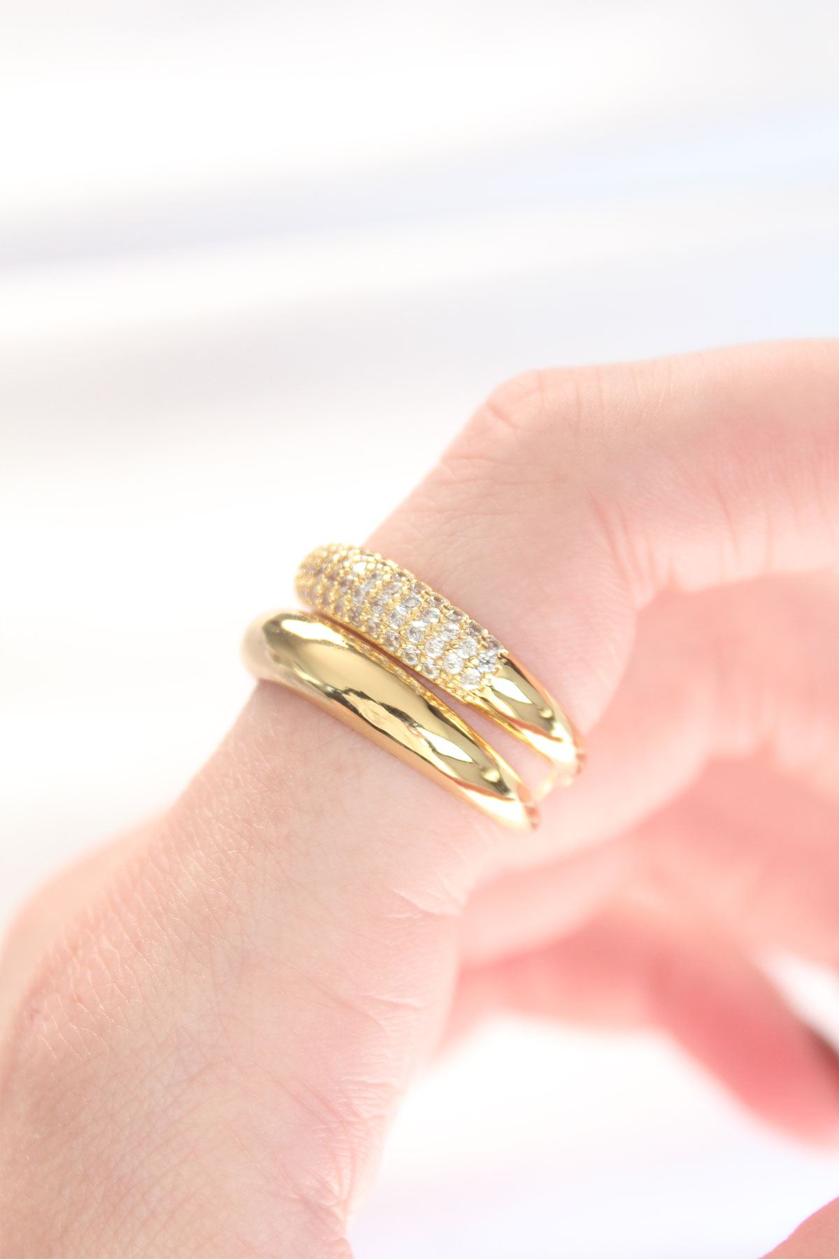 2li Görünümlü Zirkon Taşlı Gold Renk Ayarlanabilir Bombe Yüzük - Görsel 2