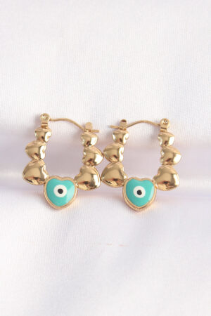 316L Çelik Gold Renk Mavi Nazarlı Kalpli Model Küpe