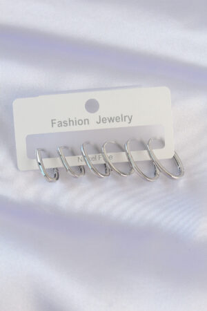 Pirinç Gümüş Renk İnce Oval Küpe Seti