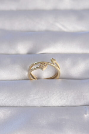 Pirinç Gold Renk Zirkon Taşlı Kalpli Model Ayarlanabilir Yüzük