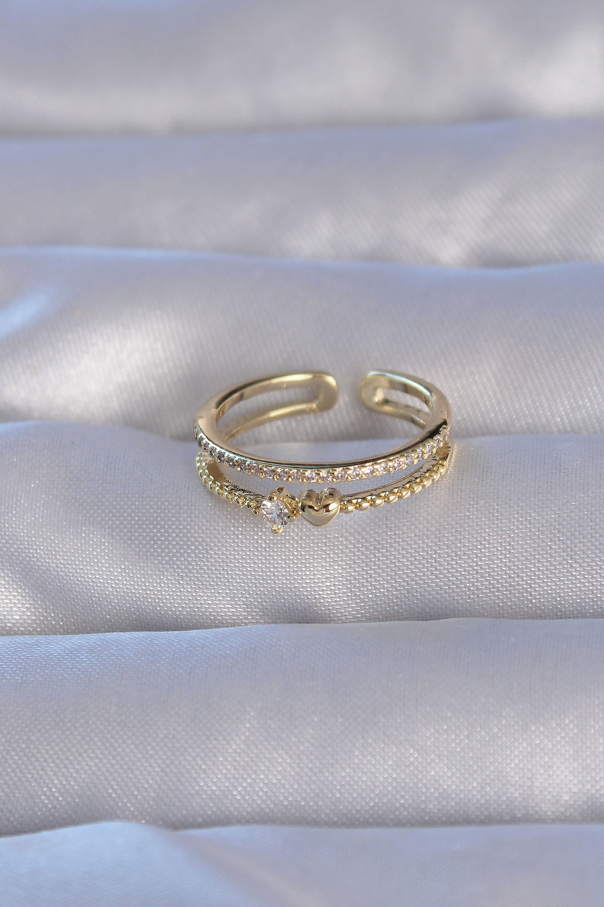 Pirinç Gold Renk Zirkon Taşlı Kalpli Su Yolu Model Ayarlanabilir Yüzük - Görsel 2