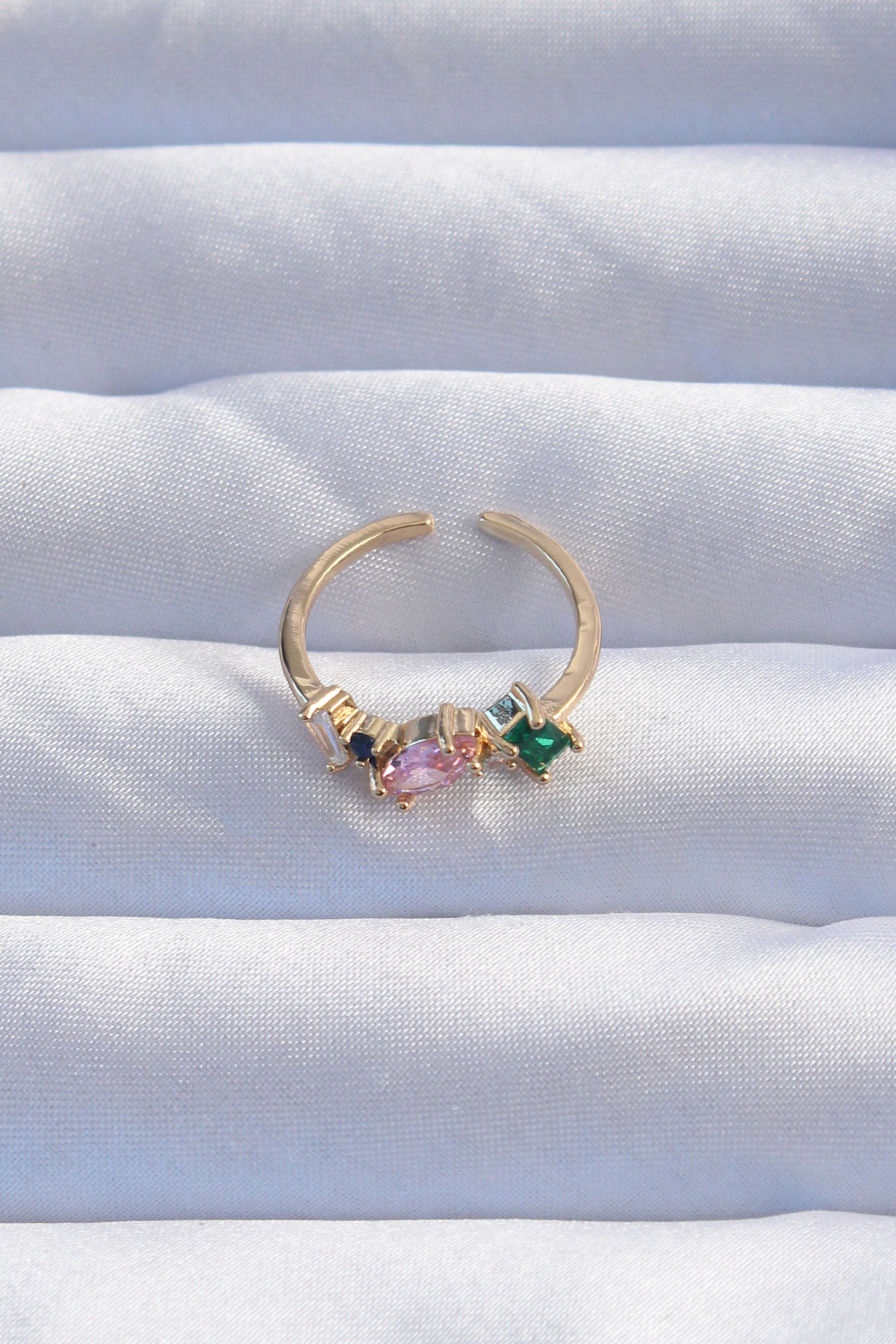 Pirinç Gold Renk Renkli Zirkon Taşlı Ayarlanabilir Yüzük - Görsel 2