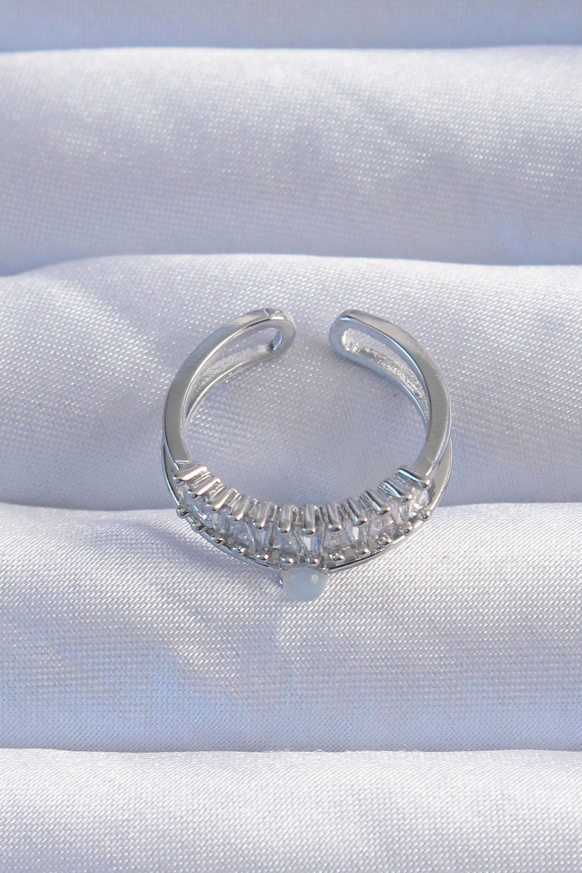 Pirinç Gümüş Renk Sedefli Zirkon Taşlı Su Yolu Model 2li Görünüm Ayarlanabilir Yüzük - Görsel 2