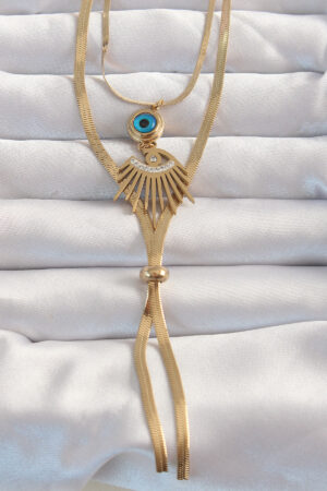 316L Çelik Gold Renk Zirkon Taşlı Göz Detay Nazarlı Uzun Asansör Model Kolye