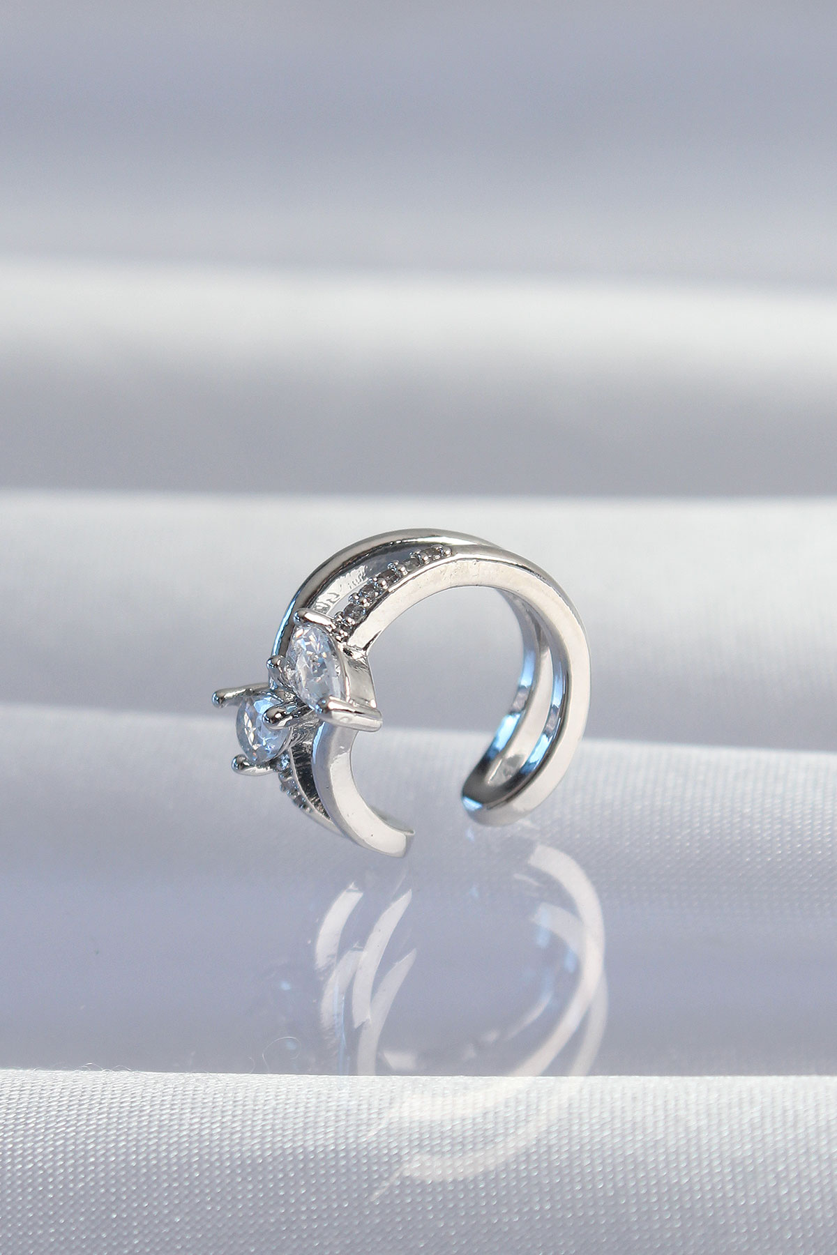 Pirinç Gümüş Renk Zirkon Taşlı Damla Earcuff Küpe - Görsel 2