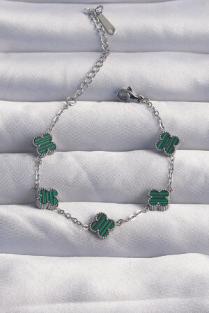 316L Çelik Baby Boy Gümüş Renk Çizgili Yeşil Mineli Yonca Bileklik