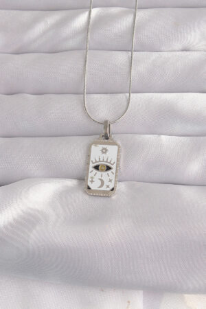 316L Çelik Gümüş Renk Beyaz Mineli Göz Figür Tarot Kolye