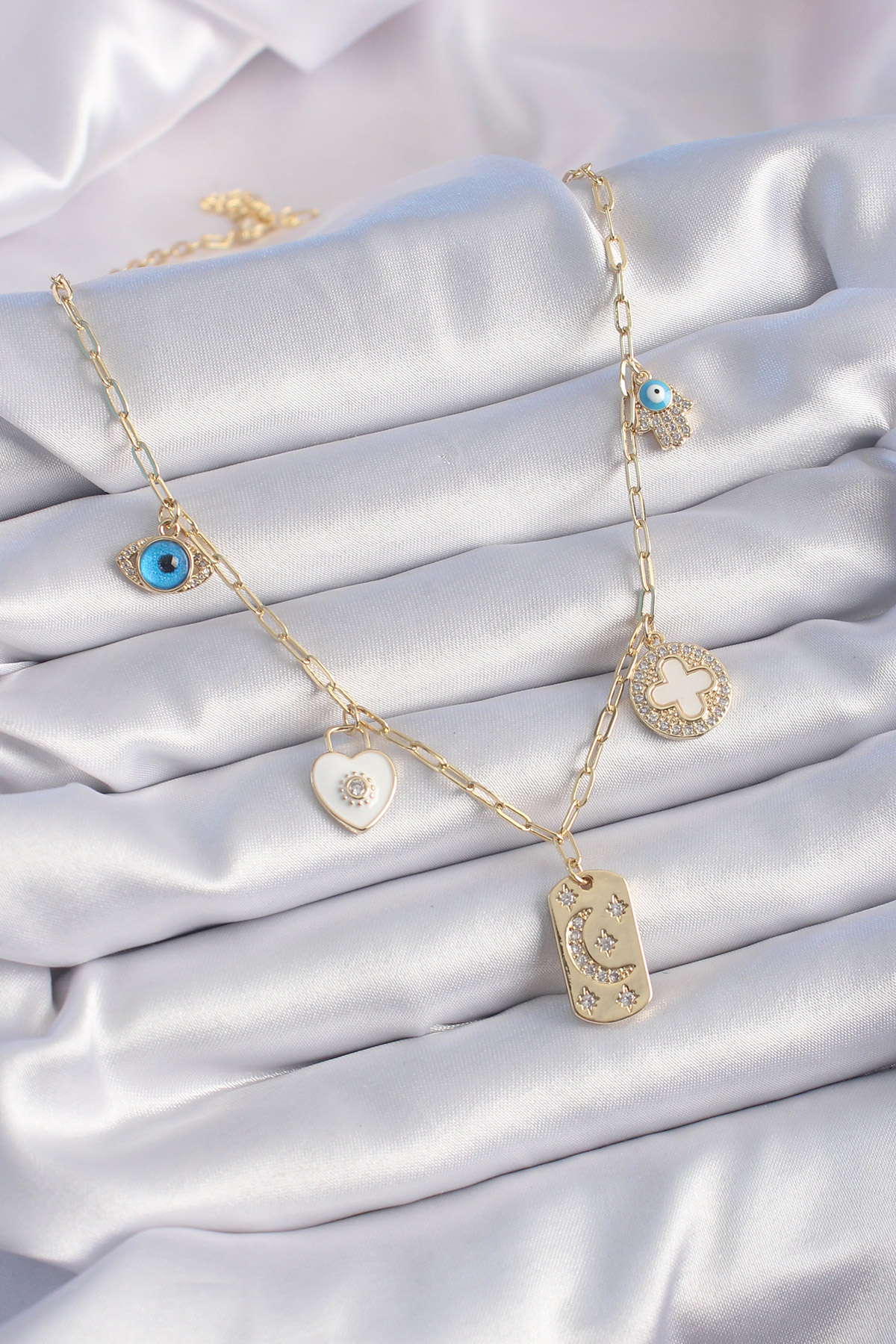 Gold Renk Zirkon Taşlı Çoklu Figür Model Şans Kolyesi - Görsel 2