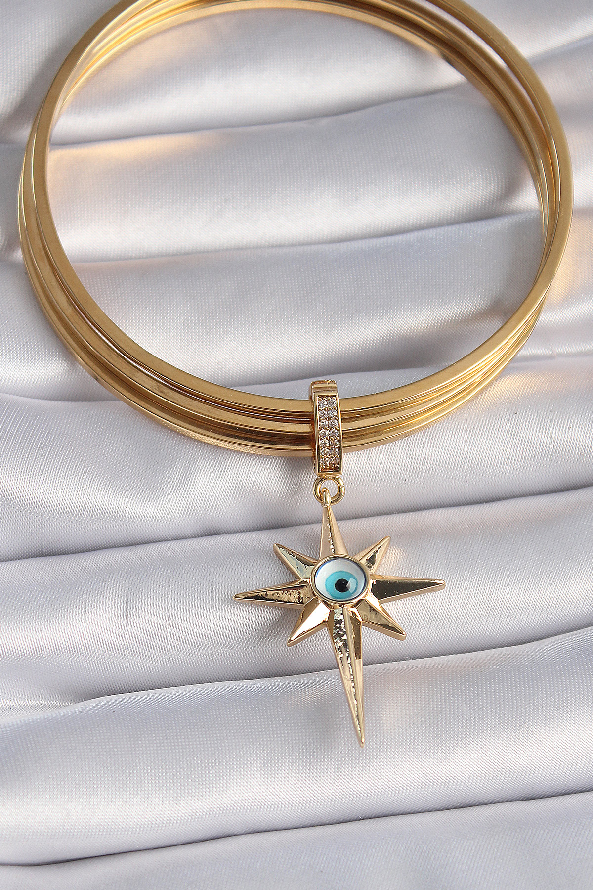 Pirinç Gold Renk Zirkon Taşlı Kutup Yıldızı Nazar Boncuk Detay Ajda Charm - Görsel 2