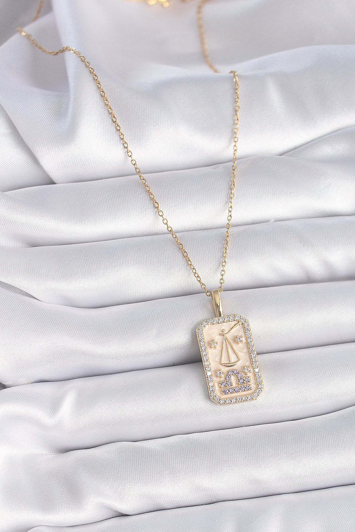 316L Çelik Gold Renk Zincir Terazi Burcu Zirkon Taşlı Kadın Kolye - Görsel 2