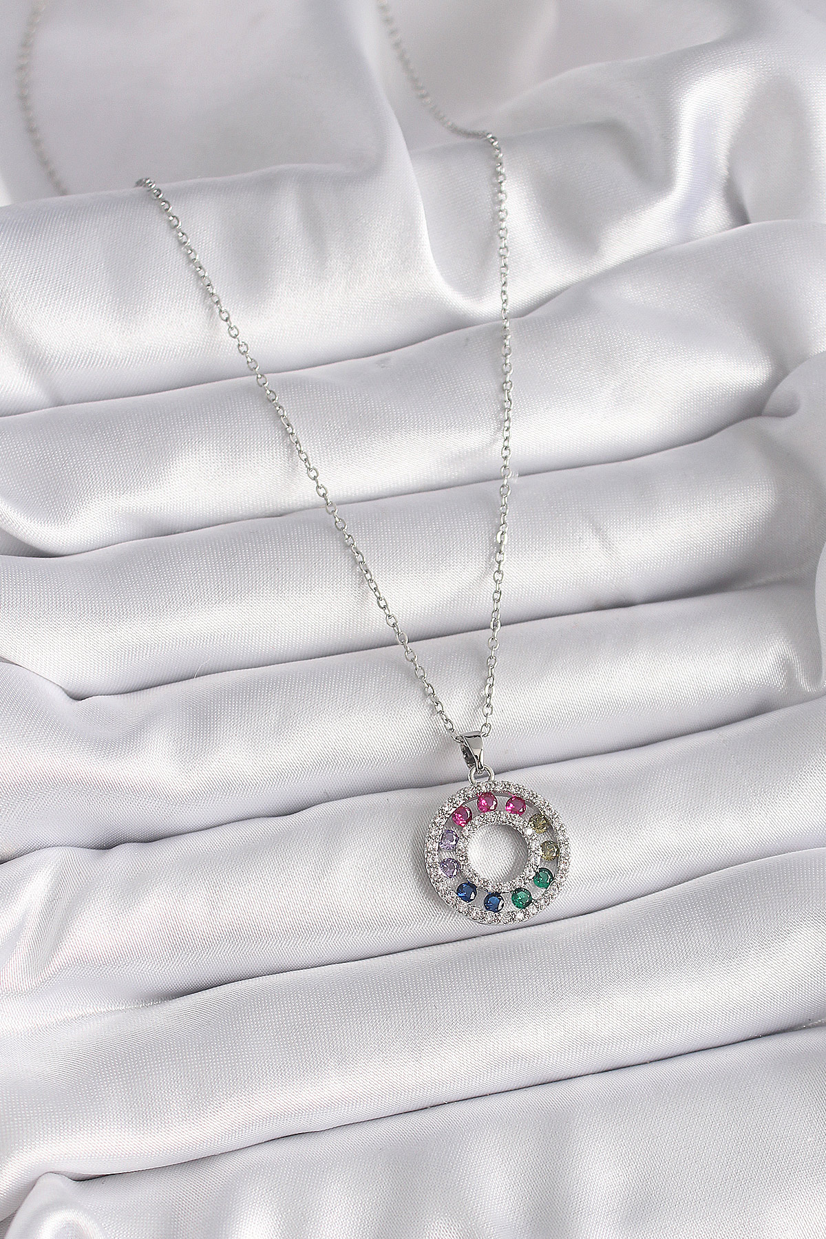 316L Çelik Gümüş Renk Zincir Renkli Zirkon Taşlı Madalyon Model Kadın Kolye - Görsel 2