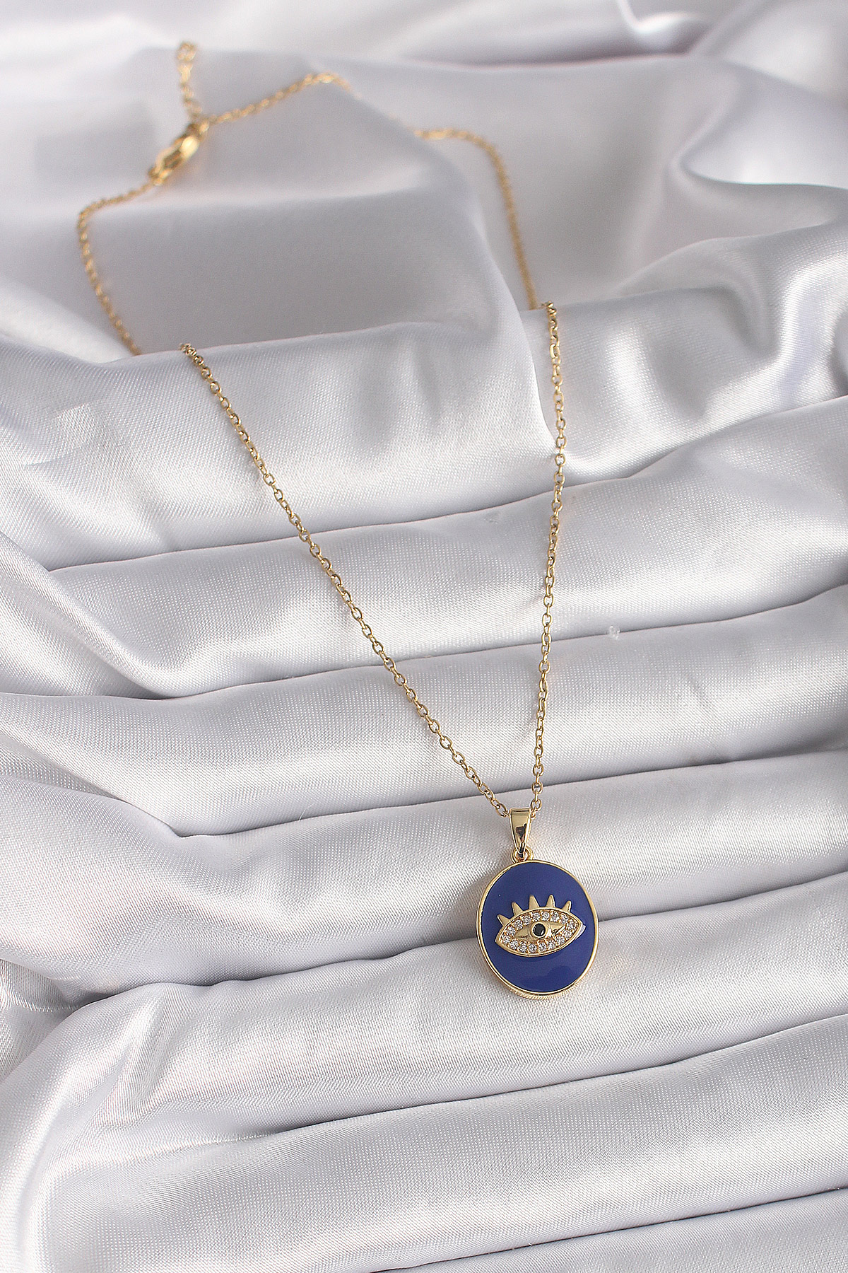 316L Çelik Gold Renk Zincir Mavi Mineli Zirkon Taşlı Göz İşleme Kadın Kolye - Görsel 2