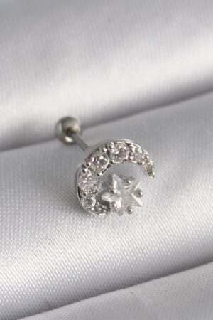 316L Çelik Gümüş Renk Zirkon Taşlı Ay Yıldız Tragus Piercing