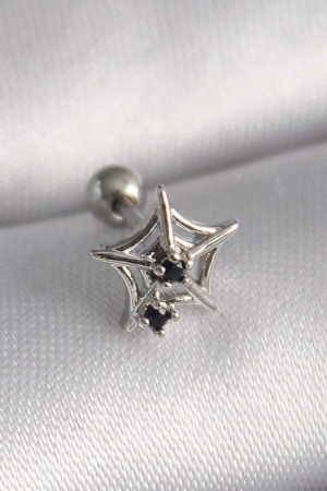 316L Çelik Gümüş Renk Siyah Zirkon Taş Detay Örümcek Ağ Model Tragus Piercing