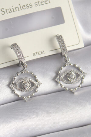 Pirinç Gümüş Renk Zirkon Taşlı Göz Model Kadın Küpe