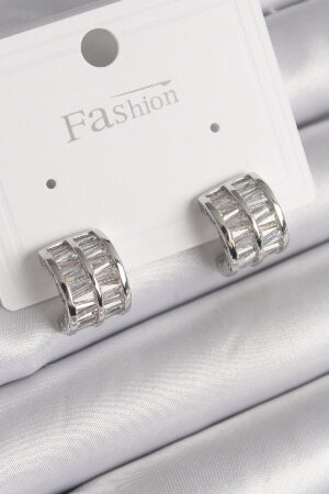 Pirinç Gümüş Renk Çift Sıra Zirkon Taşlı Kadın Küpe