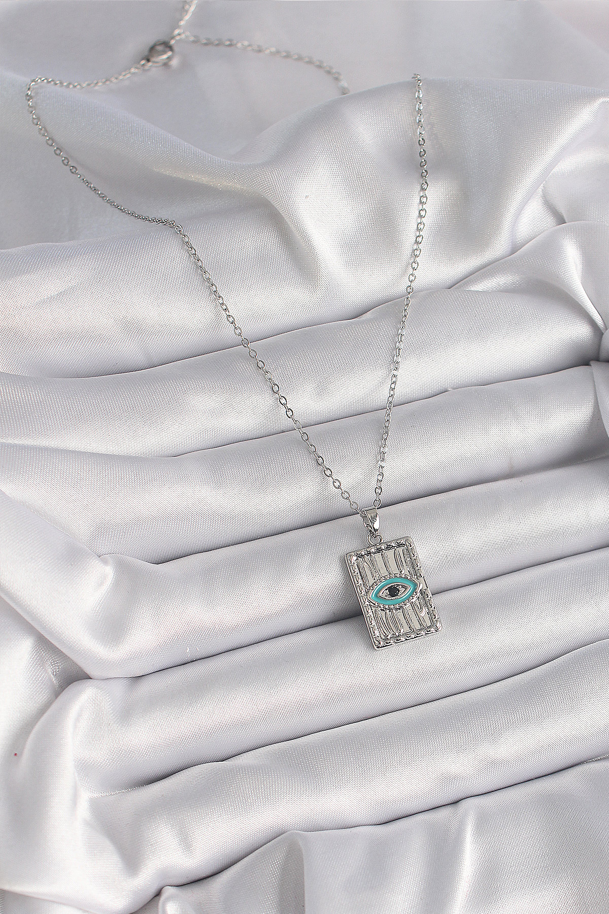 316L Çelik Gümüş Renk Zirkon Taşlı Göz İşleme Detaylı Plaka Model Kadın Kolye - Görsel 2