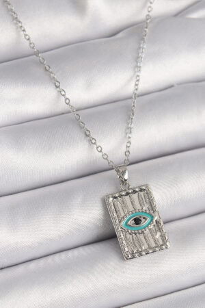 316L Çelik Gümüş Renk Zirkon Taşlı Göz İşleme Detaylı Plaka Model Kadın Kolye