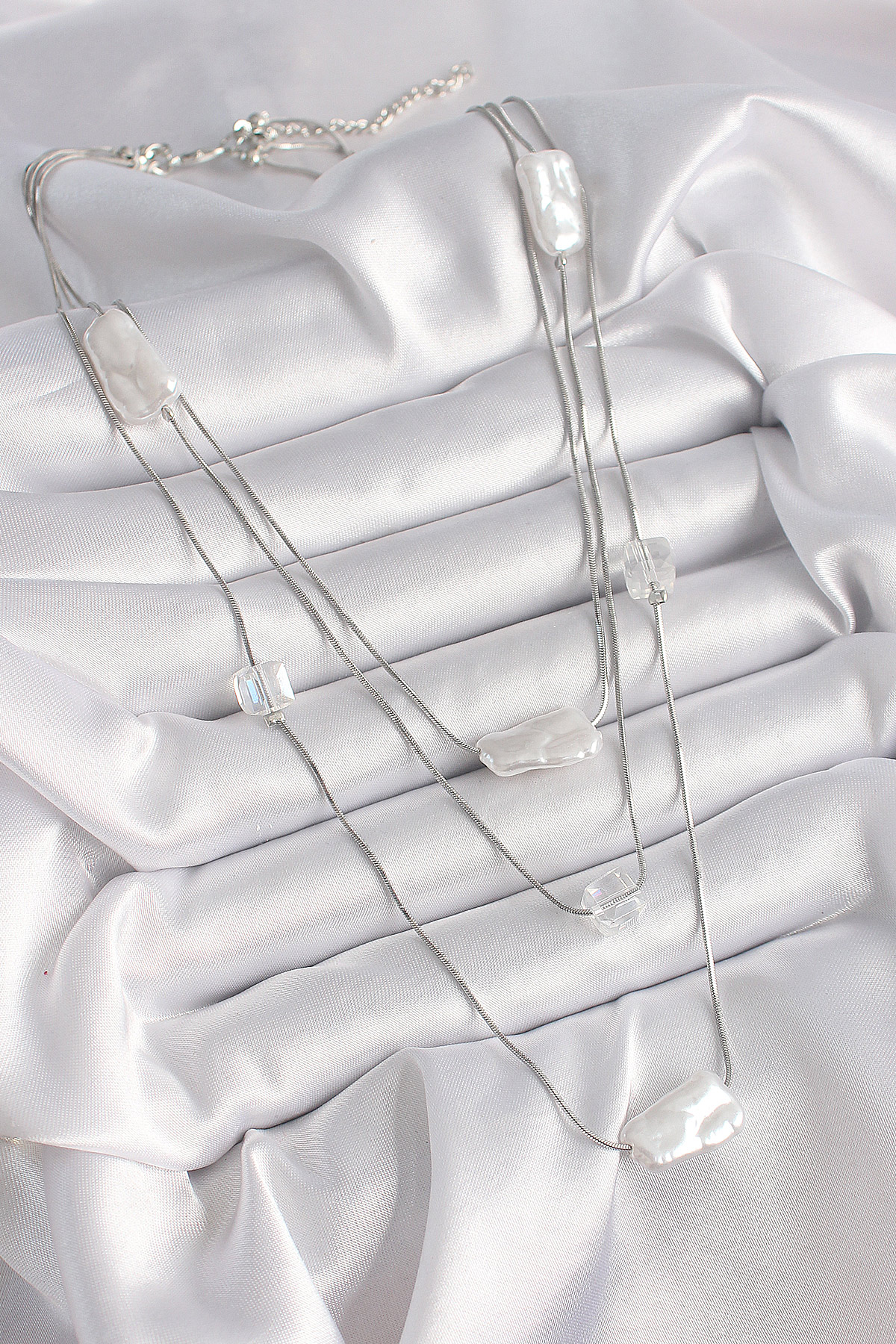 Pirinç Gümüş Renk Ezme İnci Model Çoklu Kadın Kolye - Görsel 2