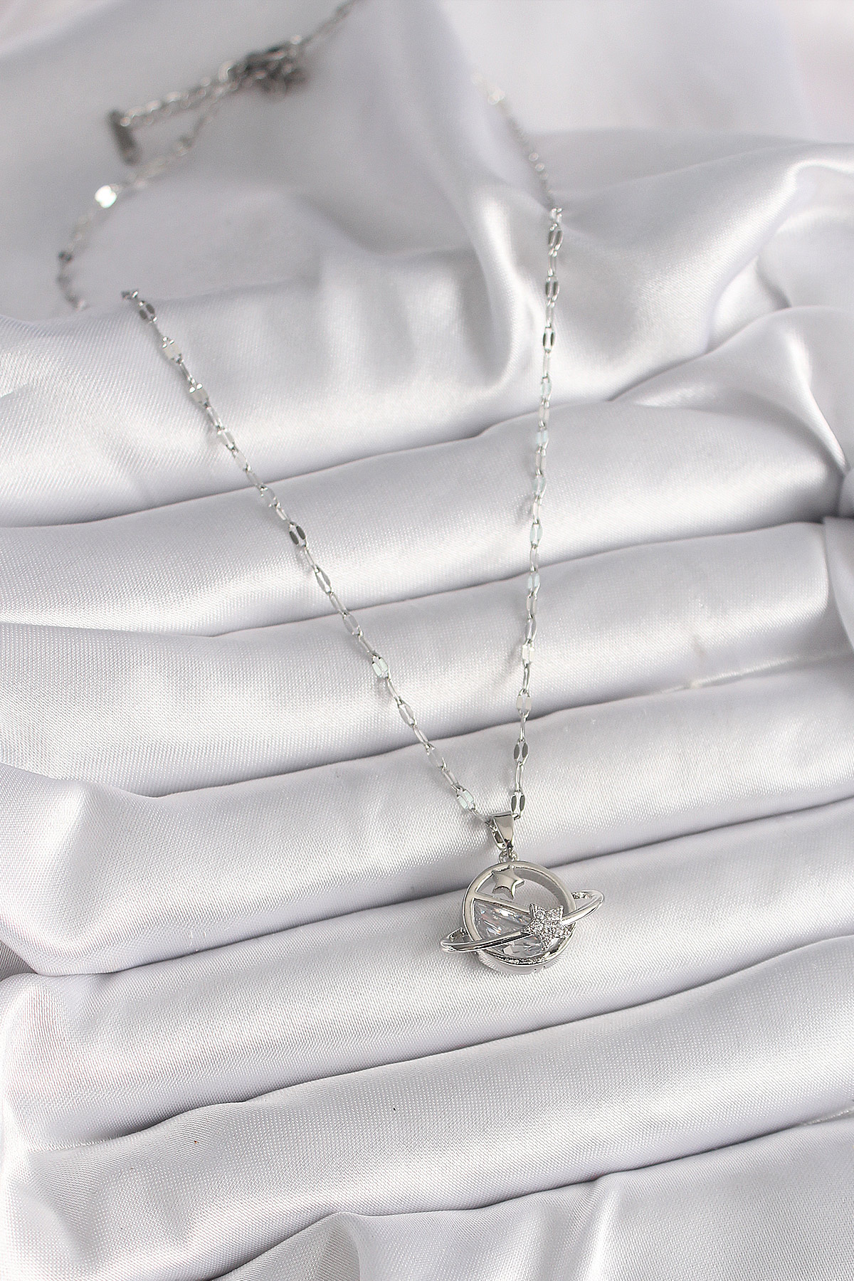 316L Çelik Gümüş Renk Zincir Zirkon Taşlı Yıldız Detay Gezegen Model Kadın Kolye - Görsel 2