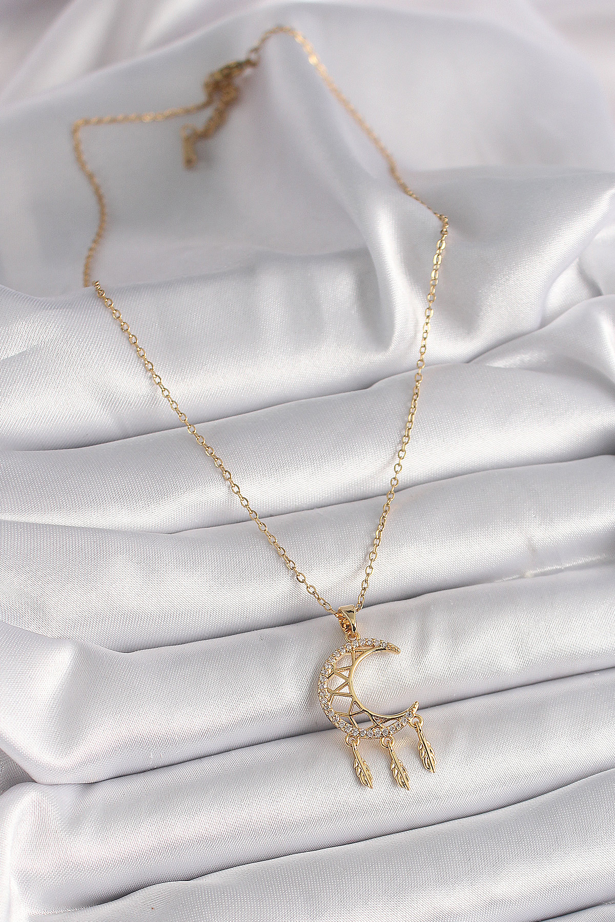 316L Çelik Gold Renk Zincir Zirkon Taşlı Hilal Model Sallantı Yaprak Detay Kadın Kolye - Görsel 2