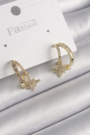 Pirinç Gold Renk Zirkon Taşlı Halka Model Yıldız Detay Kadın Küpe