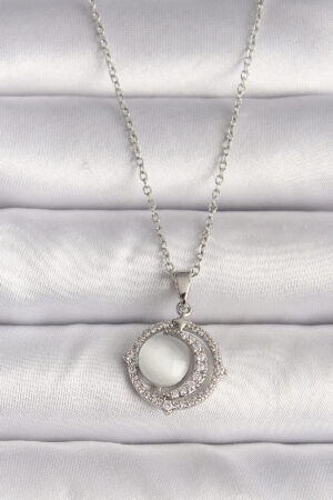 316L Çelik Gümüş Renk Zirkon Taşlı Beyaz Sedefli Hilal Model Kadın Kolye