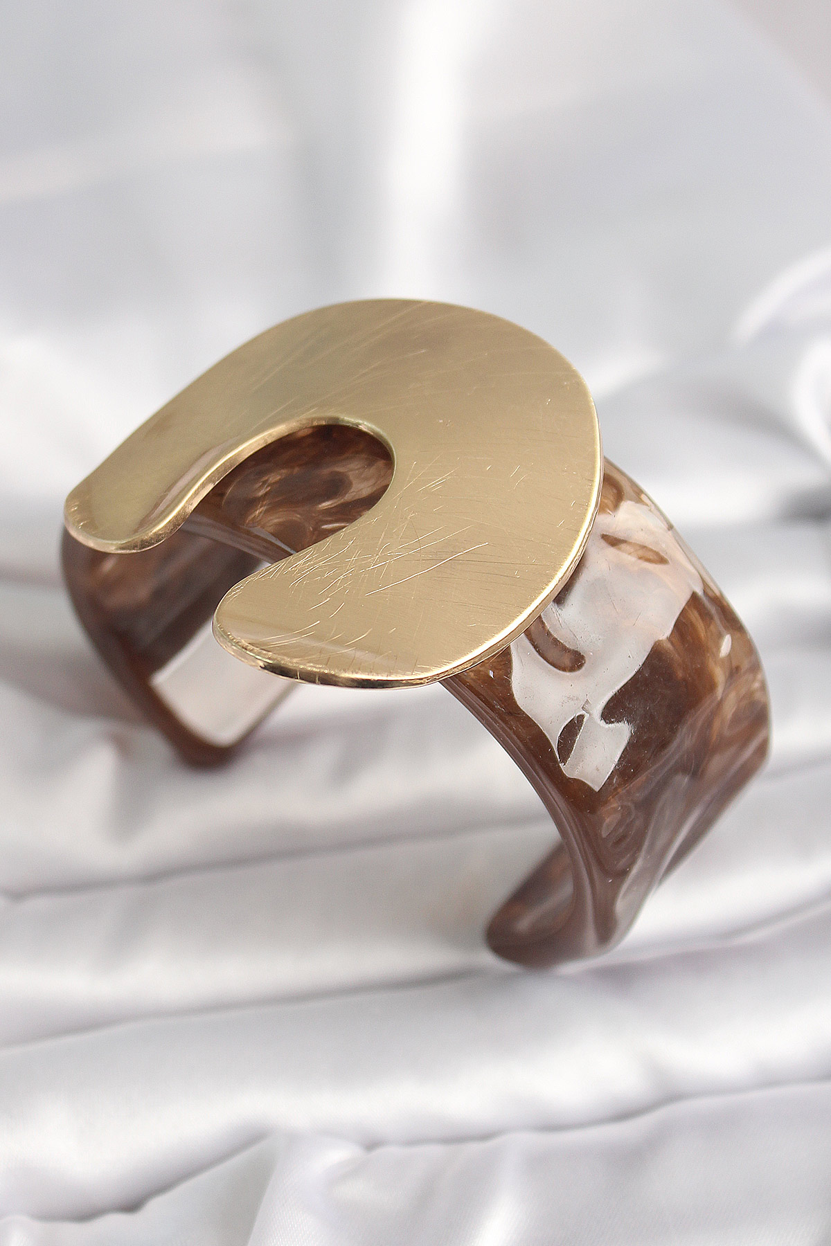 Kahverengi Mermer Desen Akrilik Plastik Gold Nal Model Plaka Vintage Kadın Bilezik