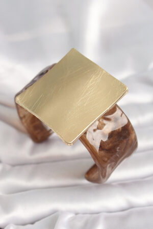 Kahverengi Mermer Desen Akrilik Plastik Gold Kare Plaka Model Vintage Kadın Bilezik