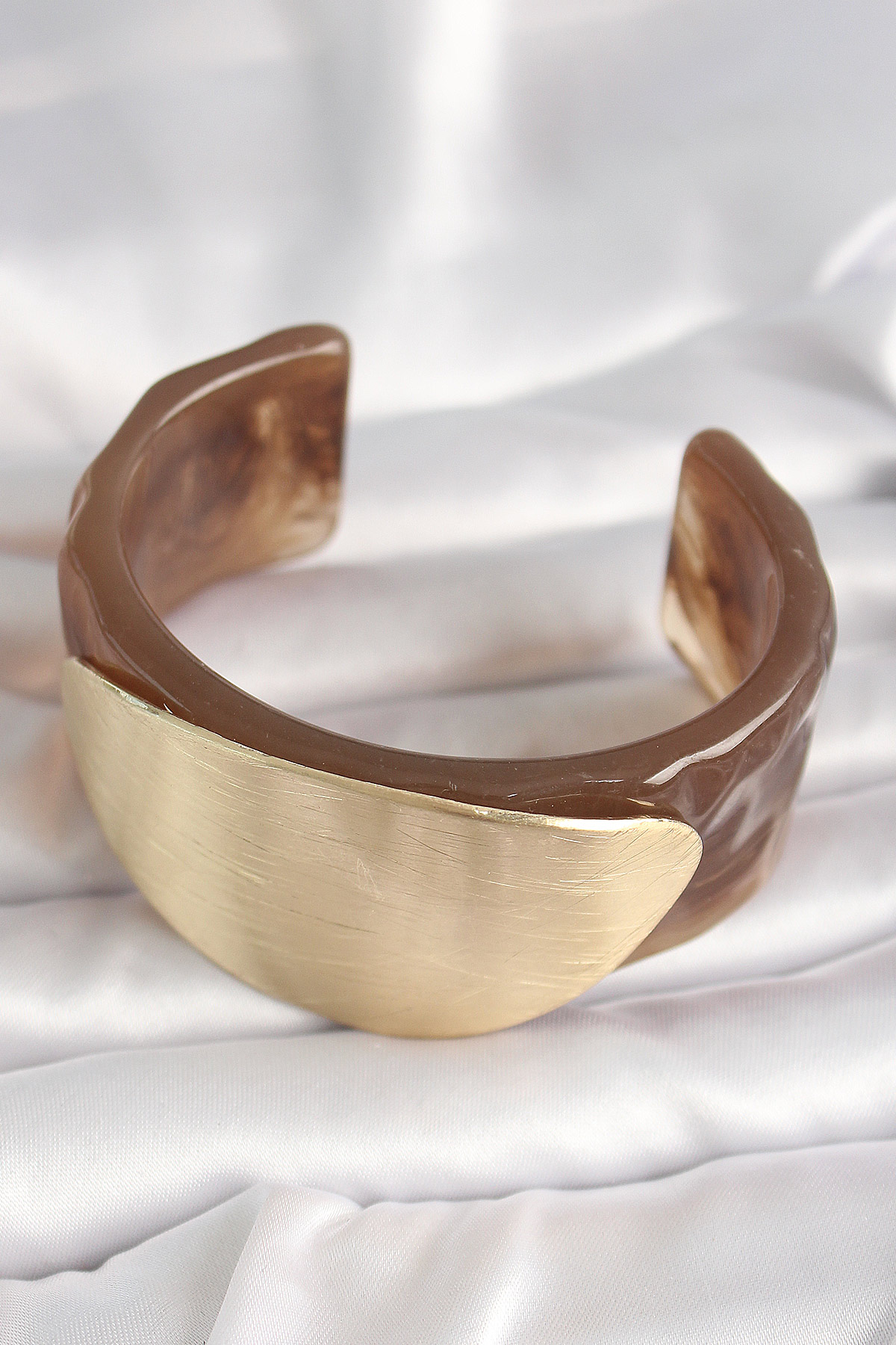 Kahverengi Mermer Desen Akrilik Plastik Gold Oval Plaka Model Vintage Kadın Bilezik - Görsel 2