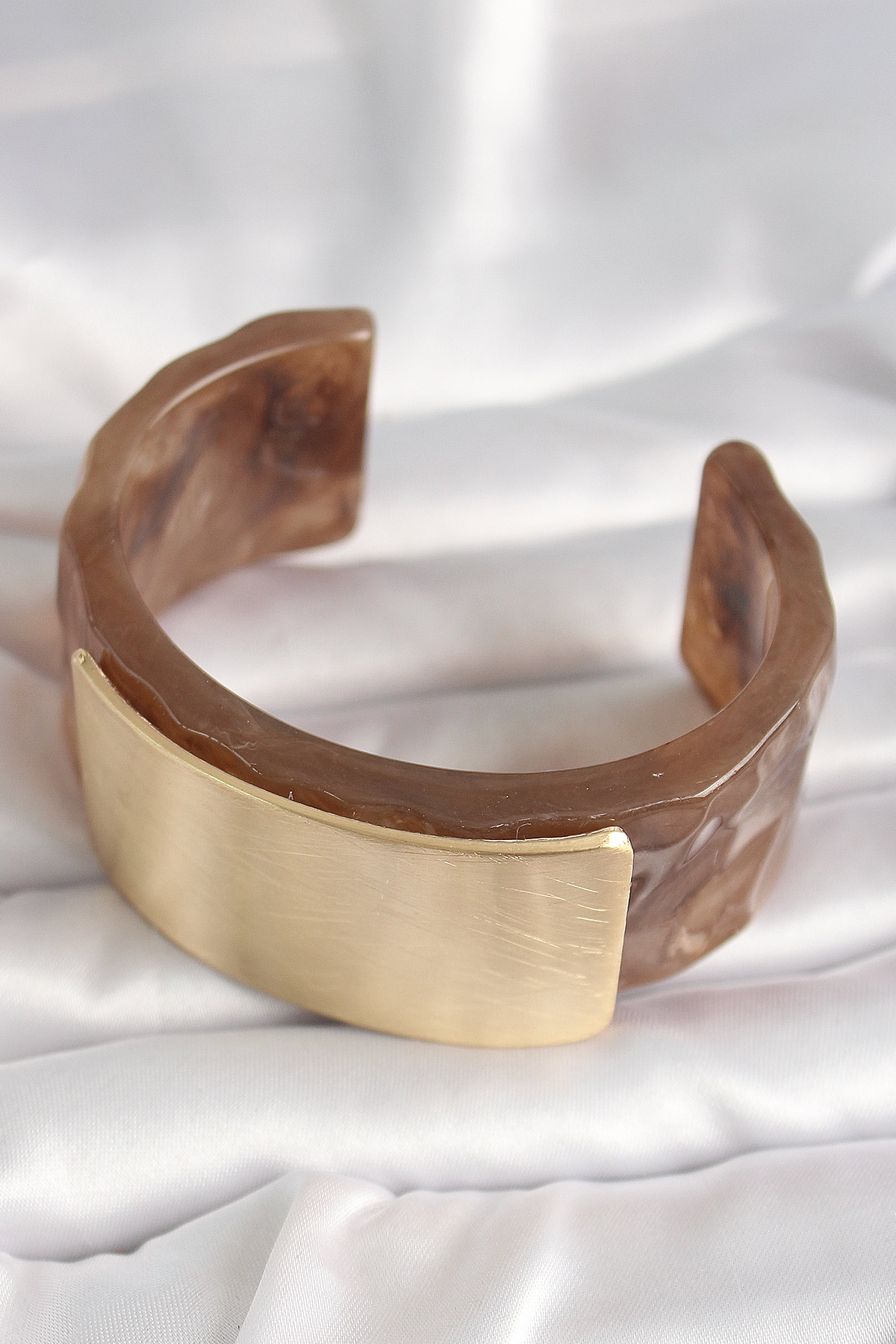 Kahverengi Mermer Desen Akrilik Platik Gold Dikdörtgen Plaka Model Vintage Kadın Bilezik - Görsel 2