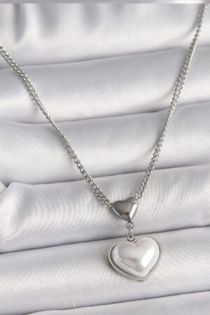 316L Çelik Gümüş Renk Zincir 3D Kalp Model Kadın Kolye
