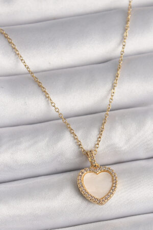 316L Çelik Gold Renk Zincir Zirkon Taşlı Beyaz Mineli Kalp Model Kadın Kolye