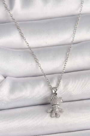 316L Çelik Gümüş Renk Zincir Zirkon Taşlı Ayıcık Figür Kadın Kolye