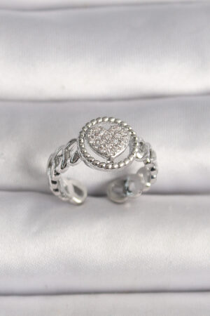 Pirinç Gümüş Renk Zincir Model Zirkon Taşlı Kalp Model Kadın Yüzük