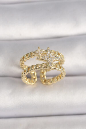 Pirinç Gold Renk 2'Li Zincir Zirkon Taşlı Yıldız Figür Kadın Yüzük