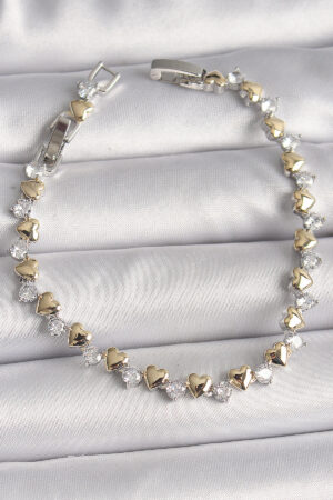 Pirinç Gümüş Renk Zirkon Taşlı Gold Kalpli VIP Seri Kadın Bileklik