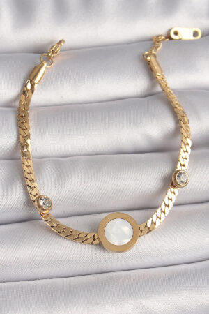 316L Çelik Gold Renk Yassı Zincir Model Zirkon Taş Detaylı Beyaz Mineli Madalyon Model Kadın Bileklik