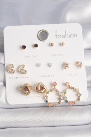 Pirinç Gold Renk Renkli Zirkon Taşlı Kalp Detay 7 Çift Kadın Küpe Seti