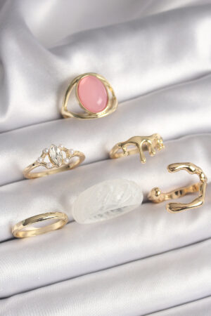 Pirinç Gold Renk Zirkon Taş Detaylı Pembe Mineli 6'Lı Kadın Yüzük Seti