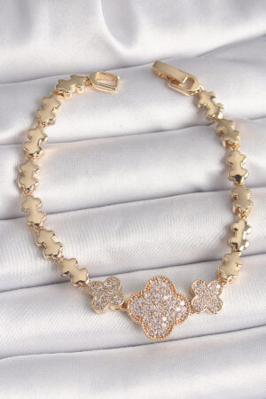 Pirinç Gold Renk Zirkon Taşlı Yonca Model Zincir Kadın Bileklik