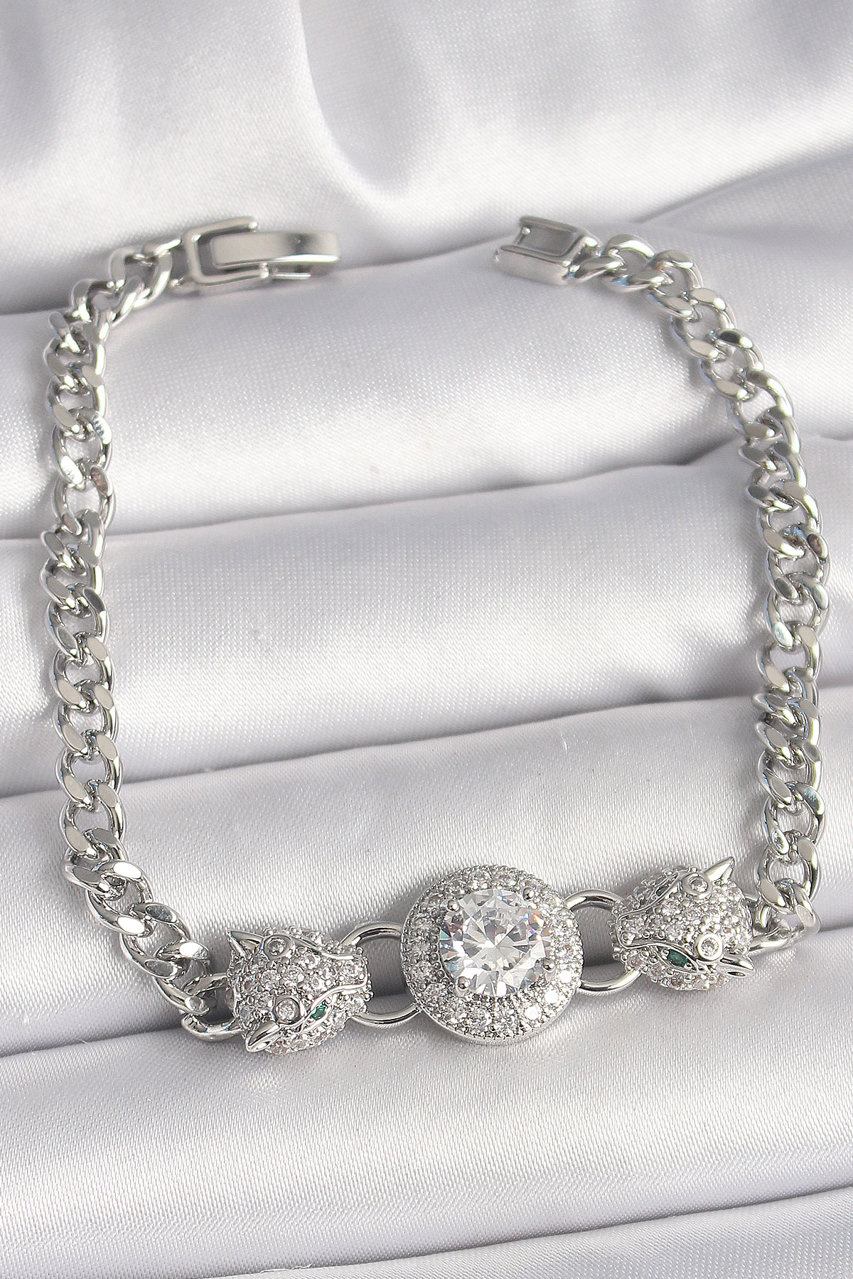 Pirinç Gümüş Renk Zirkon Taşlı Leopar Figür Zincir Model Kadın Bileklik