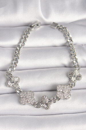 Pirinç Gümüş Renk Zincir Yonca Model Kadın Bileklik