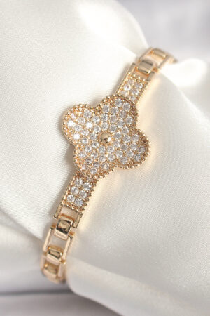 Pirinç Gold Renk Zirkon Taşlı Yonca Model Kadın Bileklik