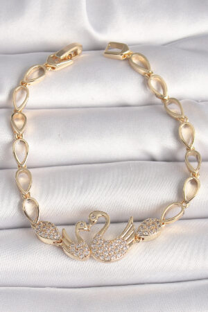 Pirinç Gold Renk Zirkon Taşlı Kuğu Figür Damla Zincir Model Kadın Bileklik