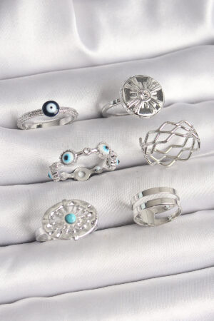 Pirinç Gümüş Renk Nazar Boncuk Zirkon Taş Detaylı Dalga Figür Kadın Yüzük Kombini