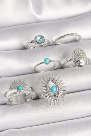 Pirinç Gümüş Renk Mavi Taşlı Kare Zirkon Taş Detaylı Kadın Yüzük Kombini