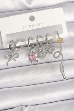 Pirinç Gümüş Renk Sallantı Kurdele Kuyruklu Yıldız Figür Pembe Kare Zirkon Taş Detay Kadın Küpe Seti