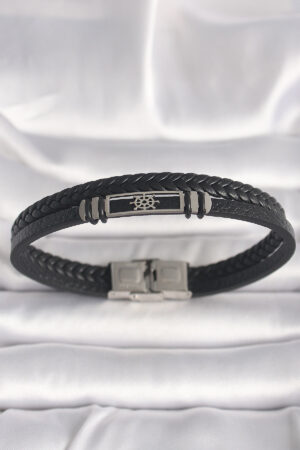 316L Çelik Gümüş Renk Gemi Dümeni Figür Siyah Burgu Deri Kordon Model Erkek Bileklik