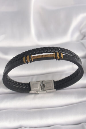 316L Çelik Gold Renk ZikZak İşlemeli Aksesuarlı Çift Sıra Burgu Desenli Deri Kordon Erkek Bileklik